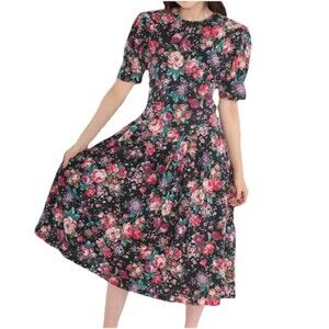 Vintage Forenza Floral Dress Large Puff Sleeve Drop Waist 80s Midi Made USA